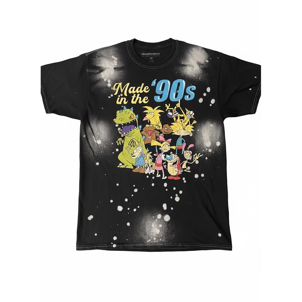 Nickelodeon‎ Made in the 90s All Stars T Shirt Tee Black Bleach Splatter Sz M